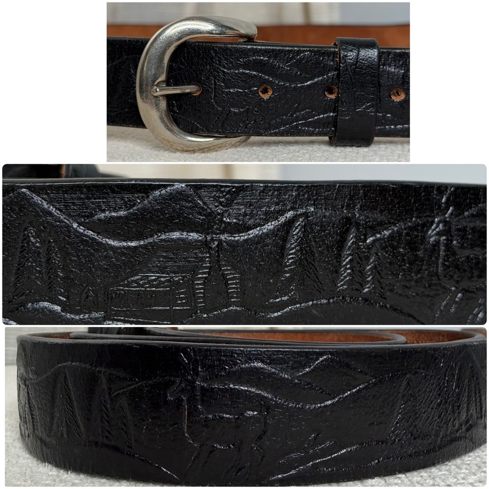 Vintage C.L.‎ Leather Belt Embossed Cabin Deer Mountain Black Tooled Men's 48